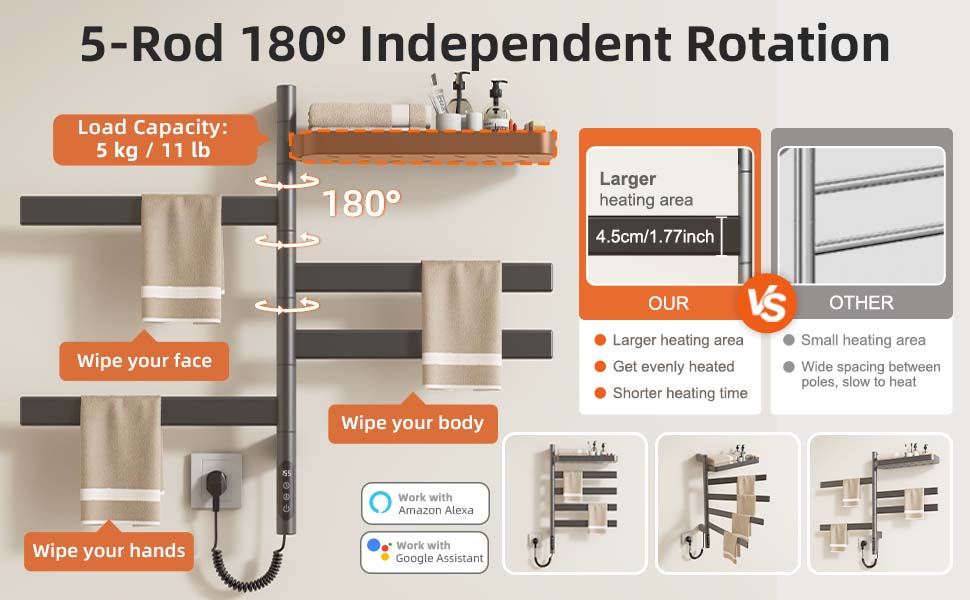 SIOYIE Smart Rotating Heated Towel Rack For Bathroom, Wall-Mounted Electric Towel Dryer With Swivel Bars & Shelf, Smart Timer, Low Carbon Steel, Plug-in/Hardwired, Towel Warmer With Wi-Fi App Control_voghion.com